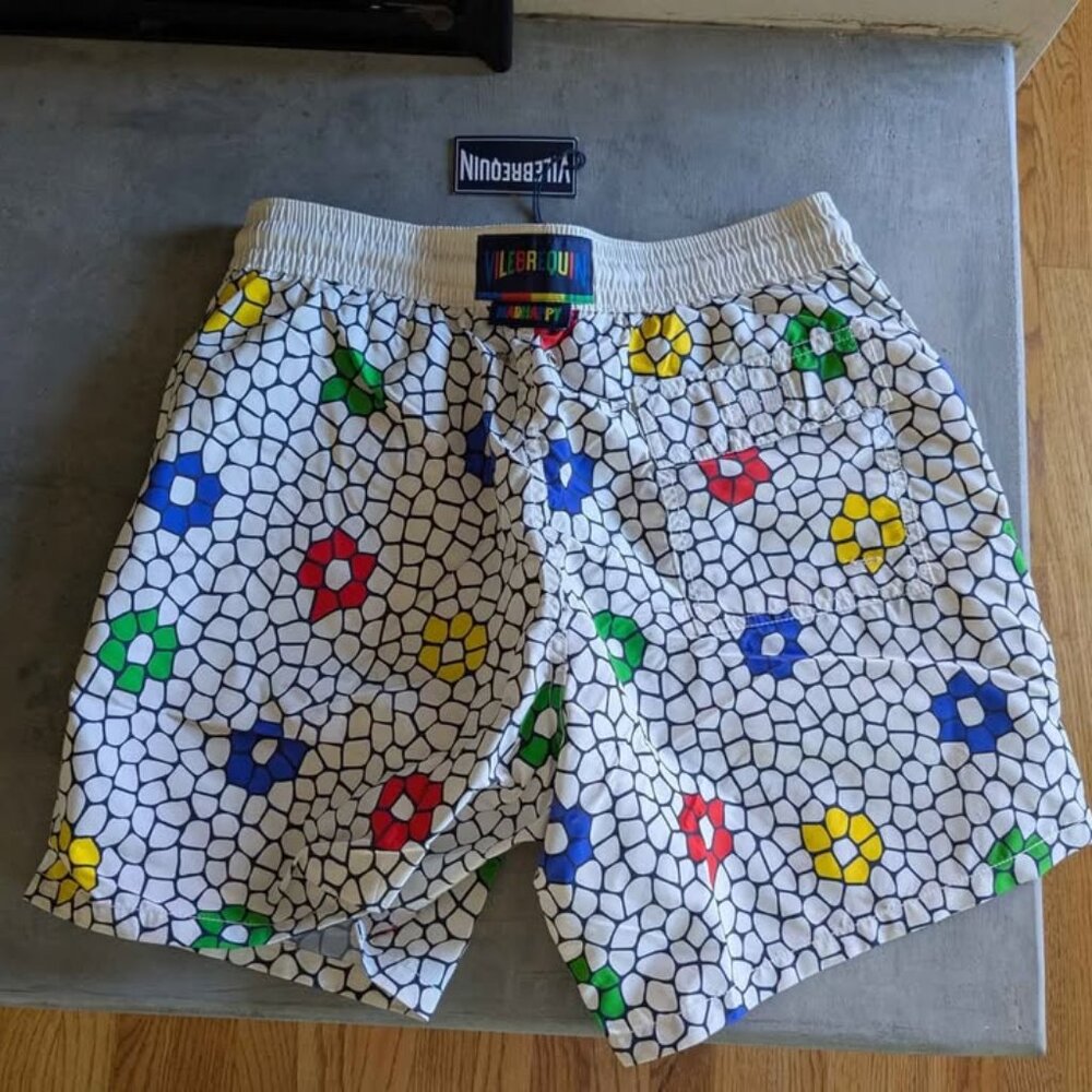 Vilebrequin White Swim Trunks with Red Blue Yellow Green Floral Print